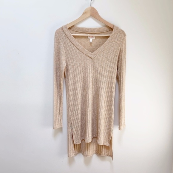 Anthropologie Sweaters - Anthropologie Deletta tan Ribbed Tunic sweater S